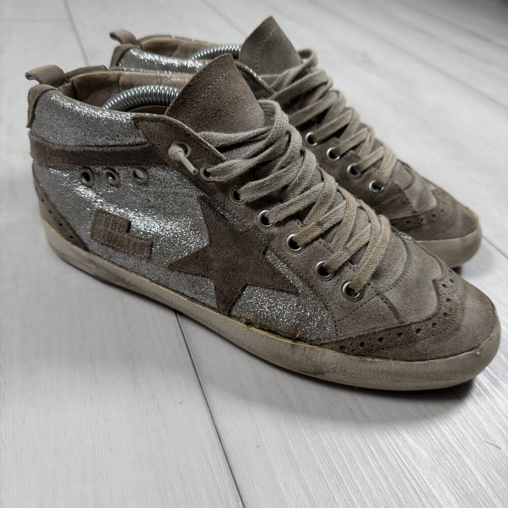 Golden Goose Women's Grey Suede & Silver Glitter Star High-Top Sneakers
